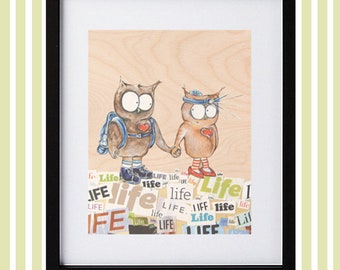 Walking hand in hand, Owl art, original art print, wedding gift, unique gift, Navigating Life Together, gifts for him or her