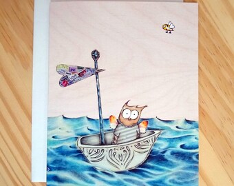 Owl in Boat card, A2 Greeting Card, Just Because Card, Hello Friend Card, Unique Blank Card