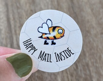 Happy Mail Inside Sticker, Bee Happy Sticker, 100% recycled sticker, FREE SHIPPING (USA), sticker for outgoing mail