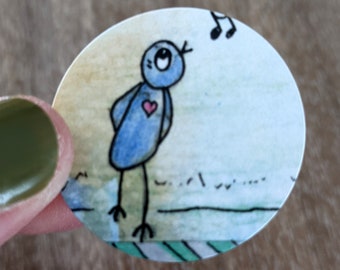 Bird Whistling Sticker, 100% recycled label, heart sticker, 48 - 1.25" round stickers, FREE Shipping (USA)