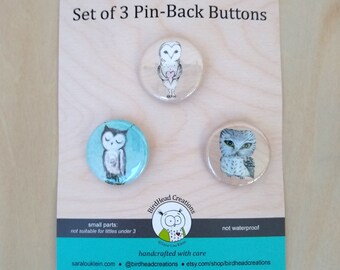 3 Pin-Back Buttons, Owl Pin Buttons, Owl Pin, Whimsical Owls, Pack of Buttons, Bird of Prey, Bird Lover, Birdwatcher