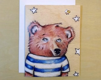 Bear Card, A2 Greeting Card, Just Because Card, Hello Friend Card, Original Art Printed Card, FREE SHIPPING