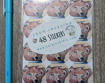 Bear Stickers, recycled round stickers package of 48, whimsical woodland stickers, 48 - 1.25" round stickers, FREE Shipping (USA)