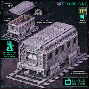 Modular WarTrains Troop Car - Digital Download STL (FDM Support-Free) - Functional Grimdark Wargaming Terrain - Model Train