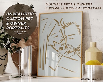 MULTIPLE Owners/Pets - Custom Owner and Pet Portraits, Valentine's Day Gift for Cat Parents, Pet Loss Gift, Artistic Pet and Owner Portraits