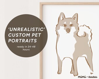 Puede incluir: Una ilustración digital de un perro marrón y blanco con una expresión seria. La ilustración es de estilo minimalista y se encuentra sobre un fondo blanco. El texto "'UNREALISTIC' CUSTOM PET PORTRAITS ready in 24-48 hours" se muestra en un círculo marrón en la parte superior izquierda de la imagen. El texto "mimi.auau" se muestra en la esquina inferior derecha de la imagen.
