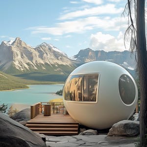 May include: A white, round, futuristic-looking cabin with large windows sits on a wooden deck overlooking a lake and mountains.