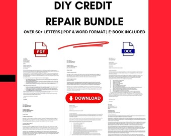 May include: A digital download bundle for DIY credit repair, featuring over 60 letters in PDF and Word format, plus an e-book. The bundle includes a sample credit score report with a score of 794, indicating an excellent credit rating.