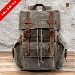 Sac à dos en toile cirée fait main pour les voyages scolaires et la randonnée - Sac à dos pour ordinateur portable unisexe durable avec détails en cuir - Sac à dos décontracté en toile