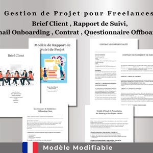 May include: A digital document template for freelance project management. The document includes a client brief, project progress report, onboarding email, contract, and offboarding questionnaire. The document is in French.