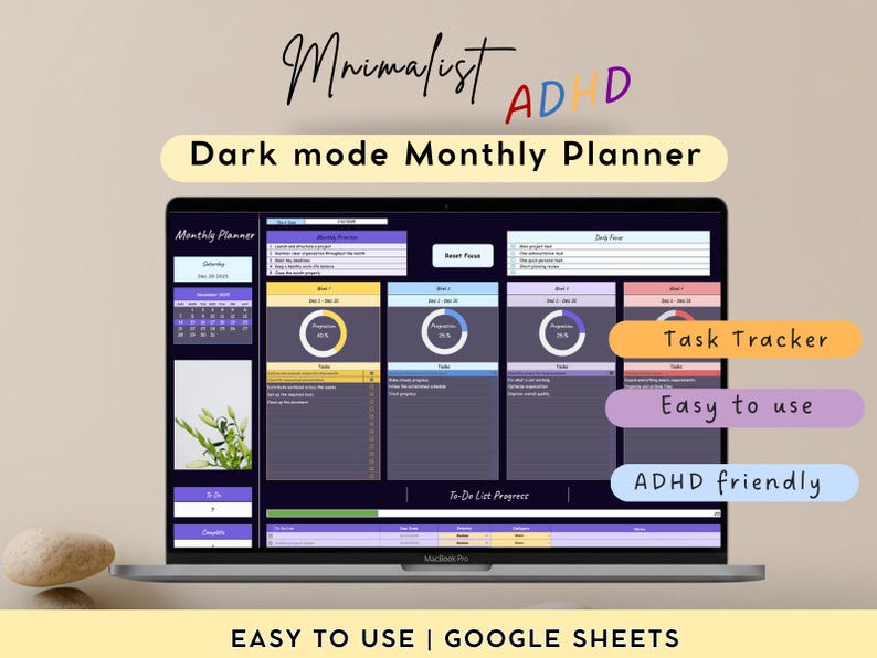 ADHD Dark Mode Monthly Planner – Minimalist Google Sheets Task Tracker ...