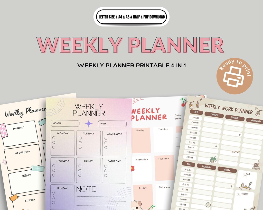 Printable Weekly Planner Template: A4, A5, Letter Size (digital ...