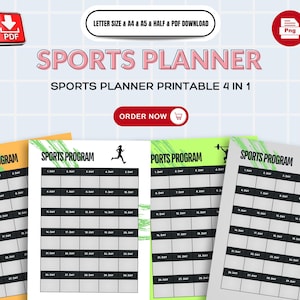 Może przedstawiać: Cztery drukowane planery programów sportowych w różnych kolorach: pomarańczowym, szarym, zielonym i jasnoszarym. Każdy planer ma siatkę z 30 dniami i tekst "SPORTS PROGRAM" u góry.