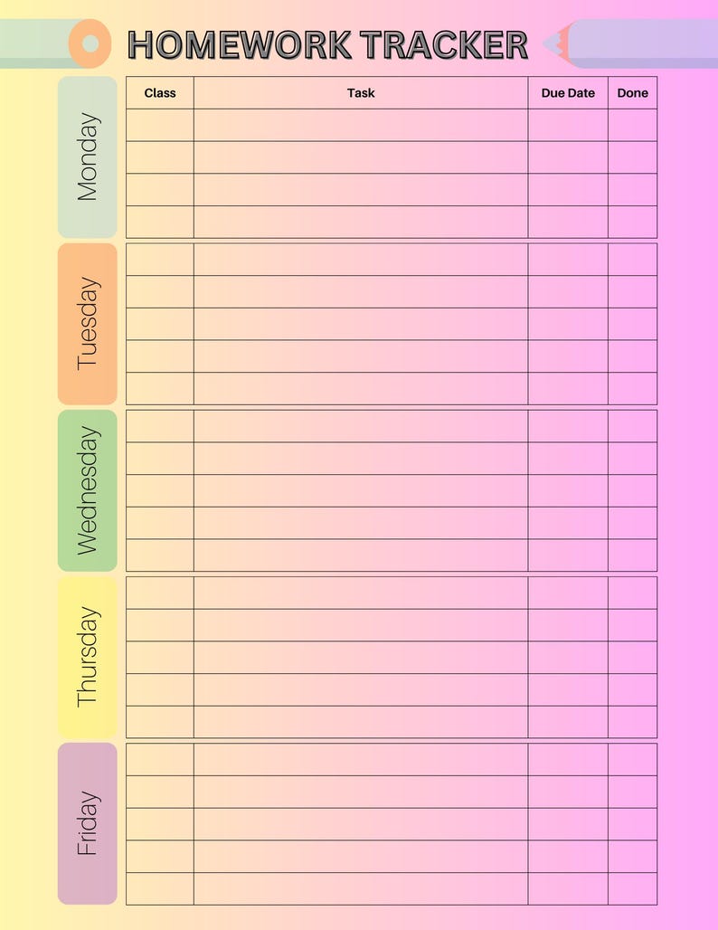Homework Tracker Printable Set: A4, US Letter (digital Download) - Etsy