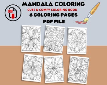 May include: A printable coloring book with six pages featuring intricate mandala designs. The book is titled "Mandala Coloring: Cute & Comfy Coloring Book, 6 Coloring Pages, PDF File".