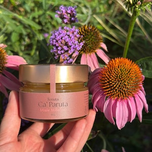 Peut inclure: Un petit pot en verre de miel Tenuta Ca' Paruta Miele Millefiori avec un couvercle doré métallique et une étiquette rose portant le texte Tenuta Ca' Paruta Miele Millefiori 150g. Le pot contient du miel doré devant des fleurs en arrière-plan.