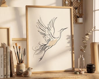 Minimale lijnkunst poster kraanvogel met houten lijst | Muurkunst vogel