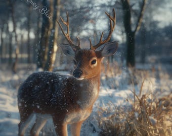 Winter Deer Art Print, Wildlife Photography, Snowy Forest (Digital Download)