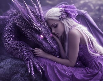 Purple Dragon Fantasy Art Print, Dreamland Woman (Digital Download)