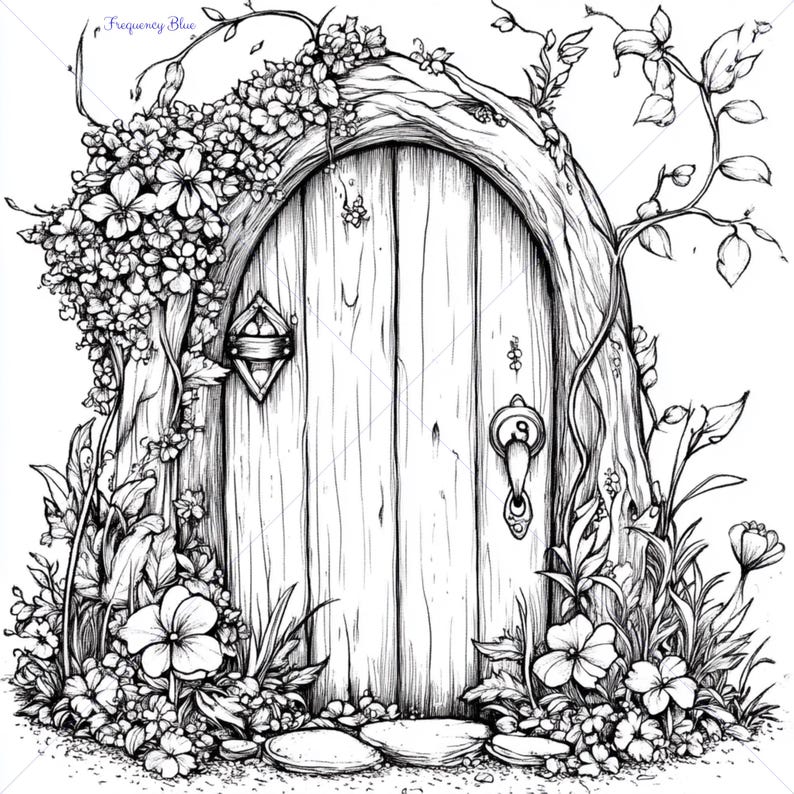 Fairy Door Coloring Page, Printable Fairy Door Scene, Whimsical Fairy Coloring Sheet, Fantasy ...