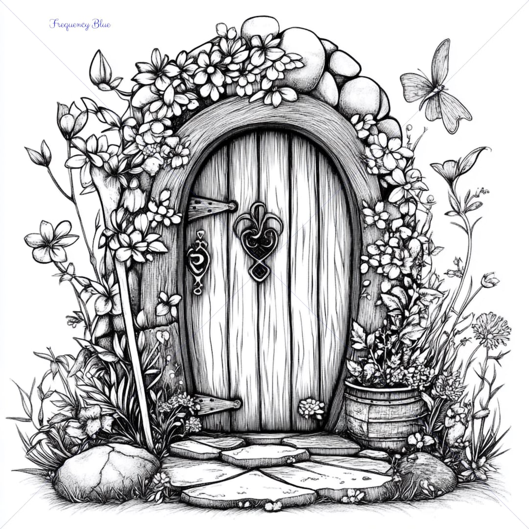Fairy Door Coloring Page, Printable Fairy Door Scene, Whimsical Fairy ...
