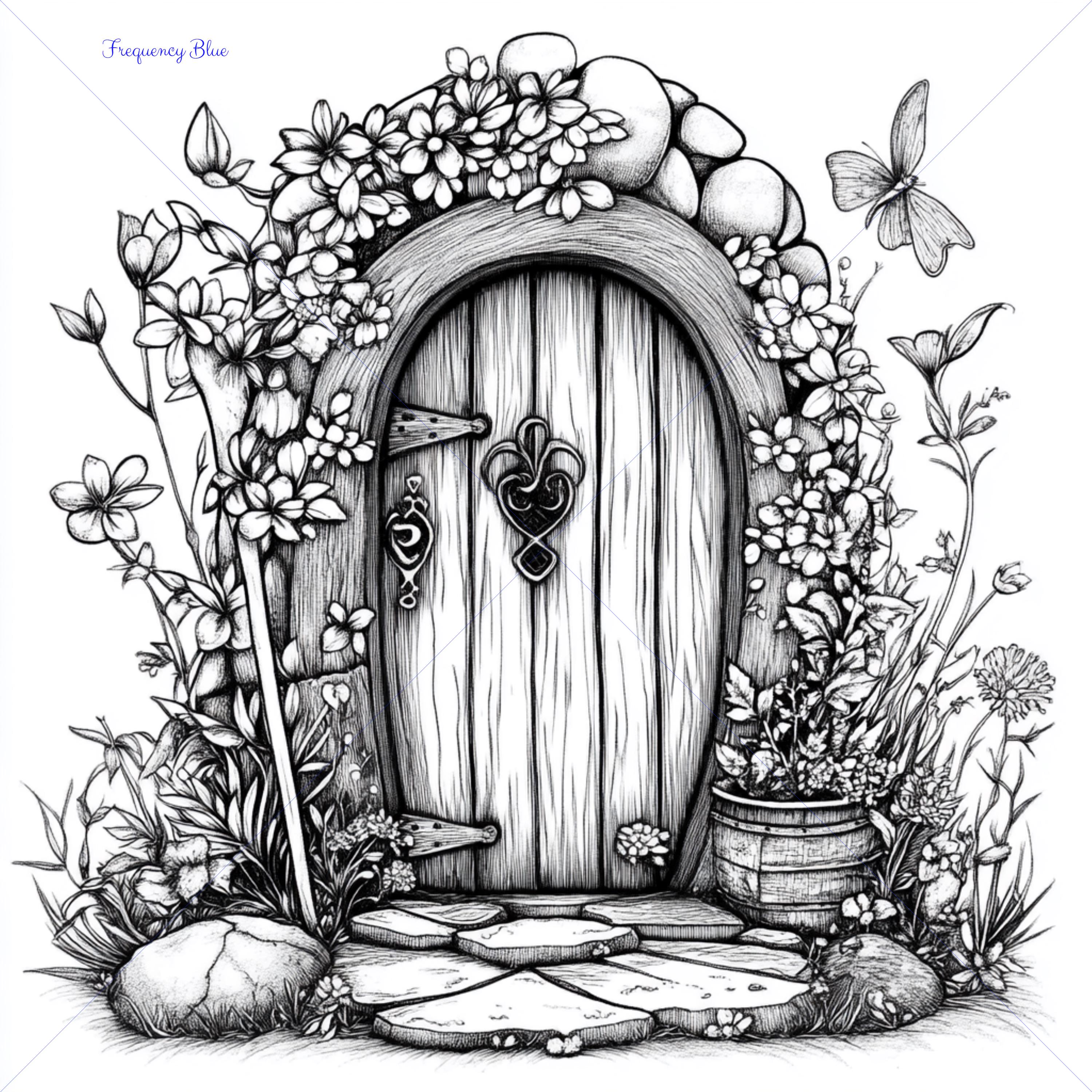Fairy Door Coloring Page, Printable Fairy Door Scene, Whimsical Fairy ...