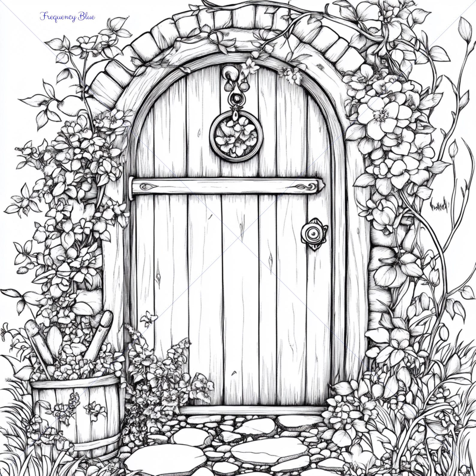 Fairy Door Coloring Page, Printable Fairy Door Scene, Whimsical Fairy ...