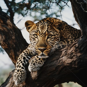 Puede incluir: Un leopardo con pelaje manchado descansa sobre una rama de árbol. El gran felino tiene ojos amarillos y mira directamente al espectador. La imagen tiene un tema natural y de vida silvestre.
