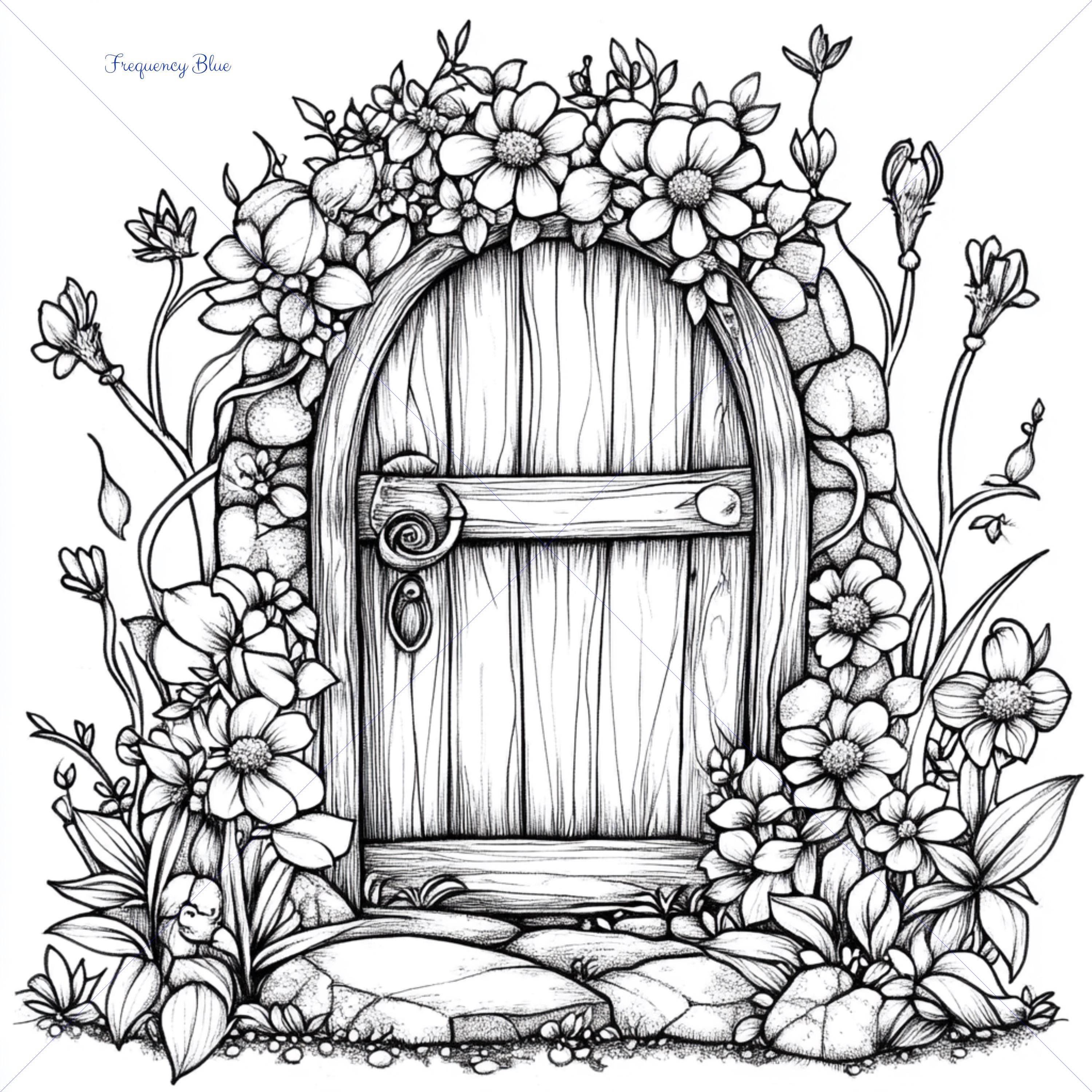 Fairy Door Coloring Page, Printable Fairy Door Scene, Whimsical Fairy ...