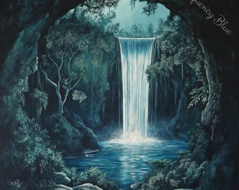 滝と森の洞窟のアートプリント、穏やかな自然の風景（デジタル