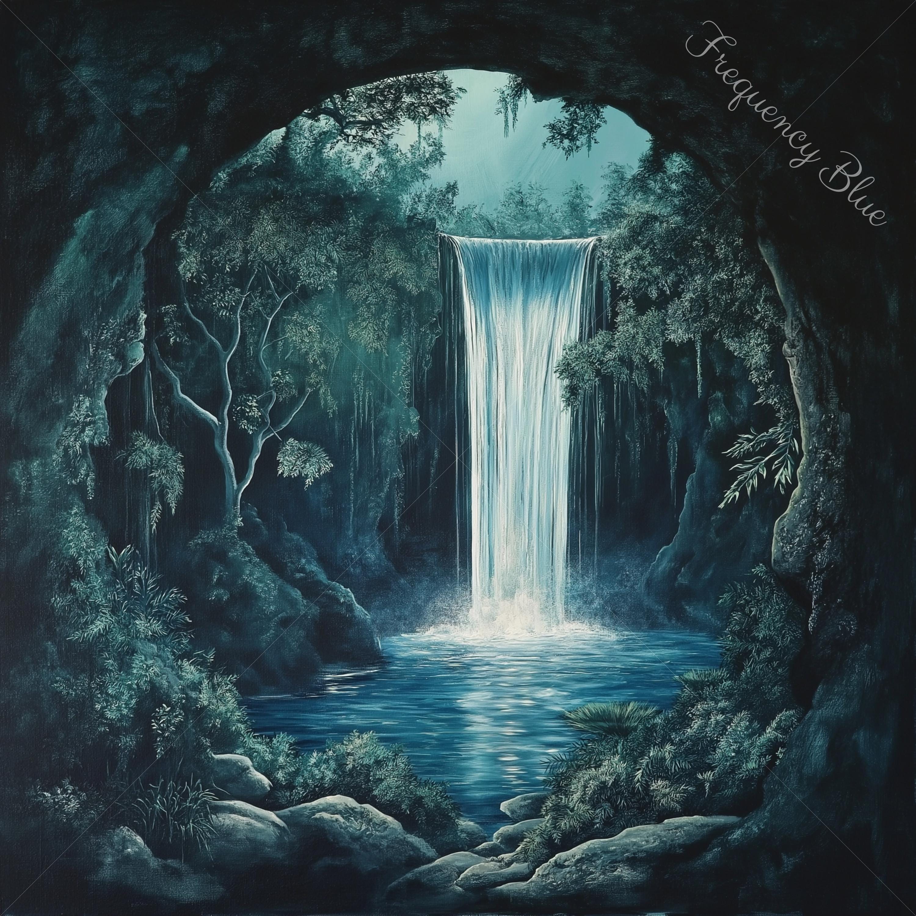 滝と森の洞窟のアートプリント、穏やかな自然の風景（デジタル