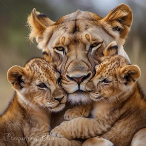 Puede incluir: Un primer plano de una leona con dos cachorros. La leona está en el centro de la imagen, con sus cachorros a cada lado de ella. La leona está mirando a la cámara, mientras que los cachorros están mirando a su madre. La leona tiene un pelaje suave y marrón, mientras que los cachorros tienen un pelaje más claro y dorado.