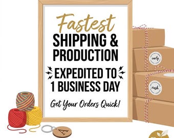 May include: A framed sign with the text "Fastest Shipping & Production Expedited to 1 Business Day". The image includes spools of yarn, a wooden keychain, and stacked cardboard boxes tied with twine. The Etsy shop logo is in the bottom right.
