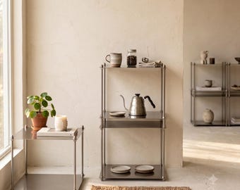 Roestvrijstalen plank, minimalistische metalen plank, moderne opbergplank, modulair rek, industriële displayplank, eigentijdse woondecoratie