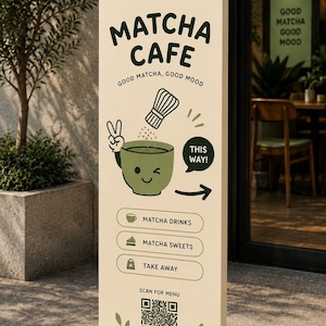 May include: A tall, rectangular, cream-colored standing sign for a Matcha Cafe. It features dark green text reading MATCHA CAFE, GOOD MATCHA, GOOD MOOD, a cartoon matcha bowl, a whisk, a THIS WAY speech bubble, and icons for drinks, sweets, and take away.