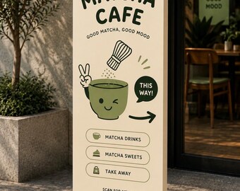 Op maat gemaakt staand caféreclamebord, vrijstaand menubord met QR-code, modern gevelreclamebord, vloerbord voor de ingang van een koffiebar
