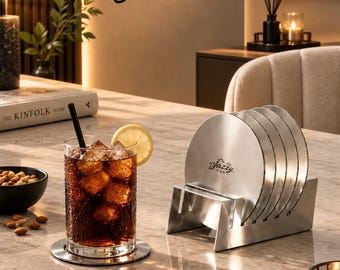 Moderne roestvrijstalen onderzetters set van 6 met houder, 6 stuks geborstelde metalen drankonderzetters voor thuisbar, minimalistische baraccessoires, housewarming cadeau