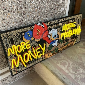 El dinero nunca duerme. Pintura de neón de dólar, pintura de arte emergente de dólar para decoración de pared. Letrero de neón de dólar. Regalos para él. Regalos personalizados LED.