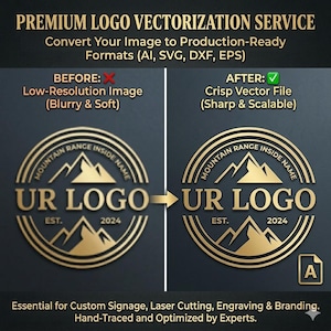 May include: An advertisement for logo vectorization services. The image shows a comparison of a low-resolution logo and a crisp vector file. Text includes "UR LOGO" and "EST. 2024". The service is essential for custom signage and branding.