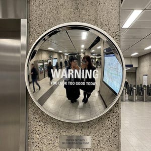 May include: A circular convex security mirror with a white frame mounted on a concrete wall. The mirror surface displays the white text WARNING YOU LOOK TOO GOOD TODAY and a smaller plaque below reading STATION SECURITY / SELF-OBSERVATION POINT.