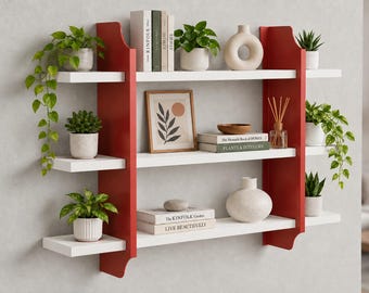 Moderne zwevende boekenplank, 3-laags wandplank van metaal en hout, minimalistische hangende boekenkast, wandplanken voor de inrichting van de woonkamer.