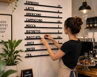 Aangepast houten cafémenubord, modulair cafémenubord, menuweergave coffeeshop, bakkerijprijsmenu hout
