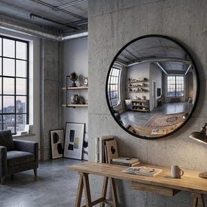 May include: A round convex mirror with a thin black frame mounted on a concrete wall. The mirror reflects a room interior and features a small rectangular plaque on the right side with the text CONVEX DECOR 45CM/18IN printed in black letters.