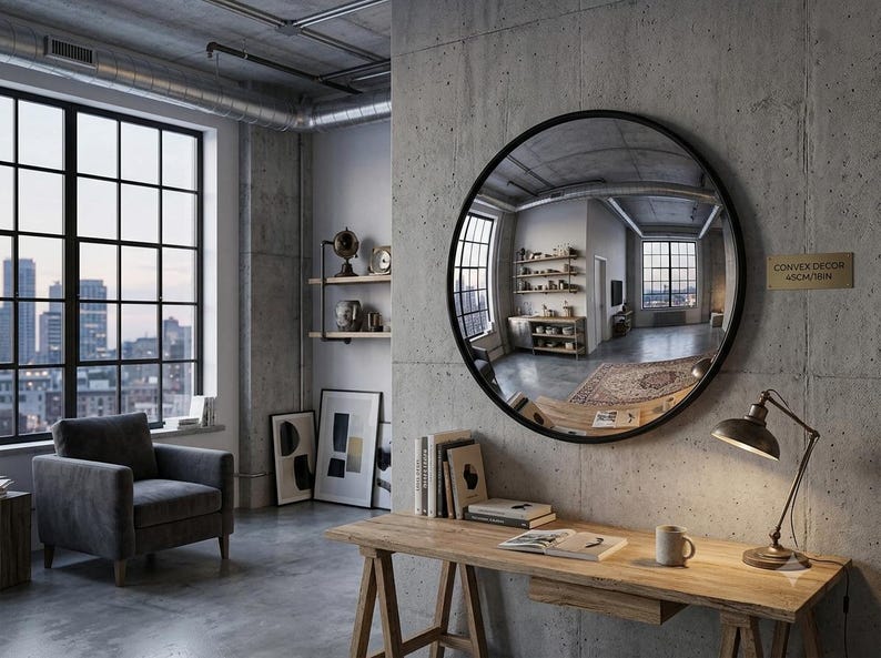 May include: A round convex mirror with a thin black frame mounted on a concrete wall. The mirror reflects a room interior and features a small rectangular plaque on the right side with the text CONVEX DECOR 45CM/18IN printed in black letters.