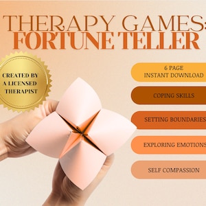 以下が含まれることがあります： 手で持たれた、桃色の紙のフォーチュン・テラー。テキストには「THERAPY GAMES: FORTUNE TELLER」と書かれています。追加のテキストには「6 PAGE INSTANT DOWNLOAD」や「COPING SKILLS」、「EXPLORING EMOTIONS」などのトピックが含まれています。金色のシールには「CREATED BY A LICENSED THERAPIST」と書かれています。