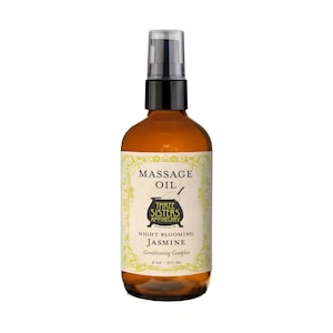 May include: A brown glass bottle with a black pump top dispenser. The label is yellow with black text that reads "Massage Oil", "Three Sisters Apothecary", "Night Blooming Jasmine", and "Conditioning Complex". The bottle contains 8 oz (237 ml) of massage oil.