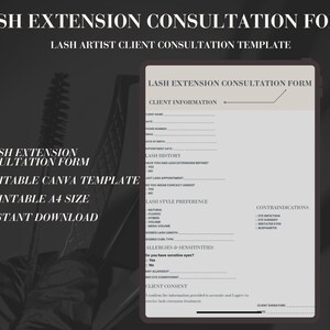 Puede incluir: Un formulario de consulta de extensión de pestañas con el título "LASH EXTENSION CONSULTATION FORM" y el subtítulo "LASH ARTIST CLIENT CONSULTATION TEMPLATE". El formulario incluye secciones para información del cliente, historial de pestañas y preferencias de estilo. Es una plantilla de Canva editable, imprimible en tamaño A4 y de descarga instantánea.