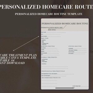 Puede incluir: Una plantilla de plan de tratamiento de cuidado de la piel con el texto "PERSONALIZED HOMECARE ROUTINE" y "PERSONALIZED SKINCARE ROUTINE". La plantilla incluye secciones para el tipo de piel, las rutinas de mañana y de noche y los tratamientos semanales.