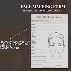 May include: A face mapping form with the title "FACE MAPPING FORM" and the subtitle "PROFESSIONAL SKIN ANALYSIS TEMPLATE". The form includes sections for client information, skin type, skin conditions, and observations. Text on the left says "FACE MAPPING SKIN ANALYSIS, EDITABLE CANVA TEMPLATE, PRINTABLE A4, INSTANT DOWNLOAD".