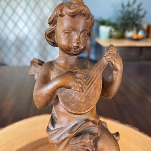 Rare Vintage Hand-Carved Wood Cherub Figurine Playing Lute – Angel Wall Decor – One Wing Broken